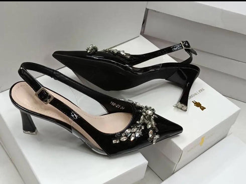 Crystal Embedded Close Toe Sling Back Heels
